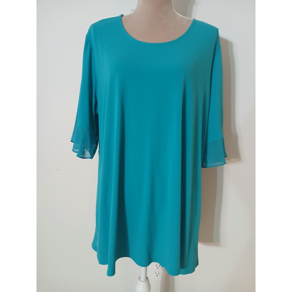 Susan Graver Every Day 2x Teal Blue Tunic Top Chiffon Ruffle Sleeve Plus Size